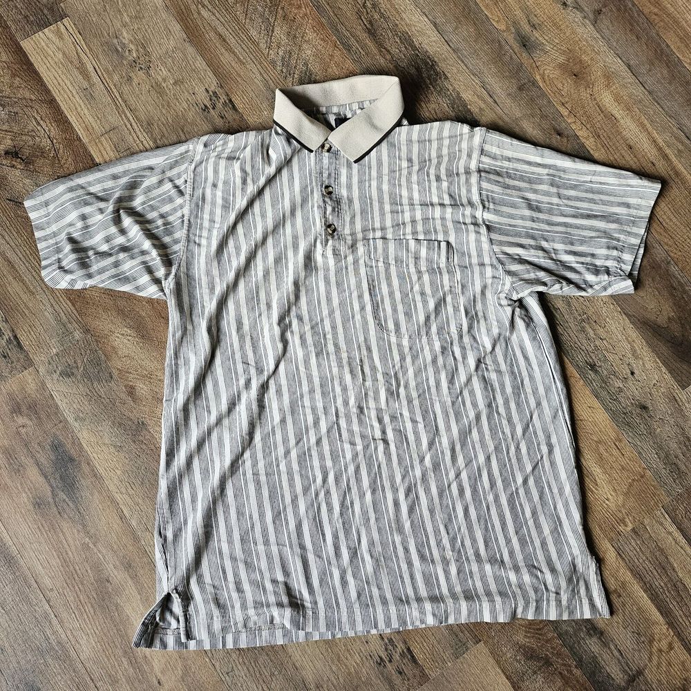 Vintage SRT Easy Care Beige Black Strips Polo Shirt Men's Size XL Cotton blend.